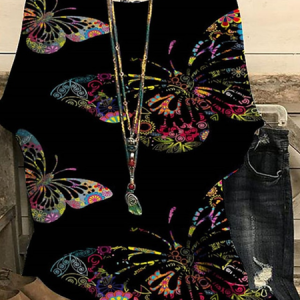 Vintage Butterfly Crew Neck Three Quarter Sleeve T-shirt, T-shirts, color:As Picture|size:4XL, catalog Noracora shop