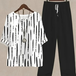Women Striped Crew Neck Half Sleeve Comfy Casual Printing Top With Pants Two-Piece Set, Sets, color:Black-white|size:4XL, catalog Noracora shop