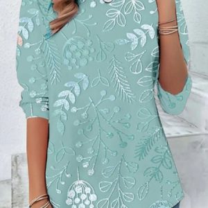 Crew Neck Long Sleeve Floral Regular Micro-Elasticity Regular Fit Shirt For Women, T-shirts, color:Green|size:4XL, catalog Noracora shop