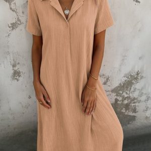 Women Plain Shirt Collar Short Sleeve Comfy Casual Maxi Dress, Maxi, color:Light Yellow|size:4XL, catalog Noracora shop