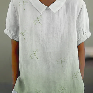 Women's Dragonfly Print Spring Lapel Short Sleeve Shirt, Blouses, Lilicloth.com