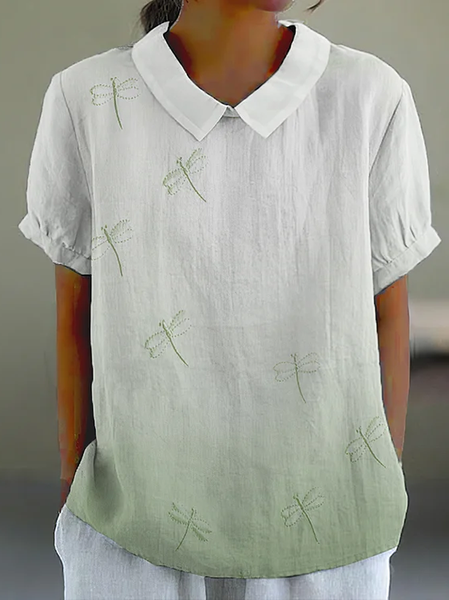 Women Dragonfly Short Sleeve Shirt Summer Shawl Collar Daily Casual Top, JustFashionNow Shirts, color:As Picture|size:5XL,