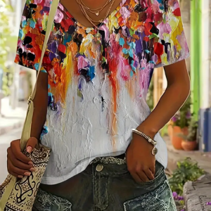 Women Colorblock Short Sleeve Tee T-shirt V Neck Printing Casual Summer Graphic Tee Top, JustFashionNow T-Shirts, color:As Picture|size:XXL,