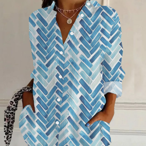 Women Geometric Long Sleeve Shirt Spring/Fall Buckle Shirt Collar Daily Casual Top, JustFashionNow Shirts, color:Blue|size:4XL,