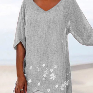 Women 3D Printing Short Sleeve Shirt Summer V Neck Holiday Casual Top, JustFashionNow Blouses, color:Gray|size:M,
