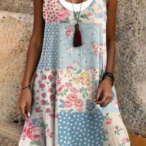 Women Vacation Ethnic Floral Print Crew Neck Sleeveless Comfy Casual Midi Dress, Dresses, color:As Picture|size:3XL, catalog Noracora shop