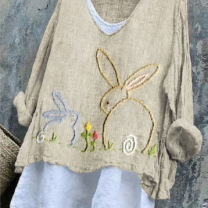 Vintage Easter Cute Bunny Pattern V Neck Long Sleeve T-shirt, T-shirts, color:As Picture|size:4XL, catalog Noracora shop