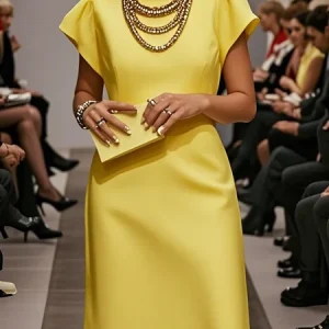 Urban Plain Crew Neck Knee Length Dress, Midi Dresses, color:Yellow|size:XXL, Stylewe