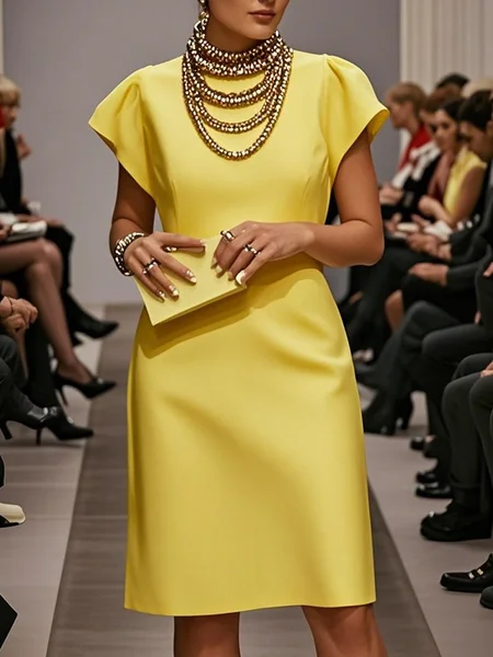 Urban Plain Crew Neck Knee Length Dress, Midi Dresses, color:Yellow|size:XXL, Stylewe