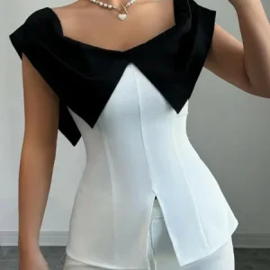 Urban Color Block Split Joint Shawl Collar Tank Top, Tanks and Camis, color:White|size:XXL, Stylewe