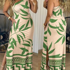 Plants and Geometric Print One Shoulder Sleeveless Vacation Dress Side Slit Slim Fit Maxi Dress With Pockets, women Maxi Dresses, ChicMe catalog