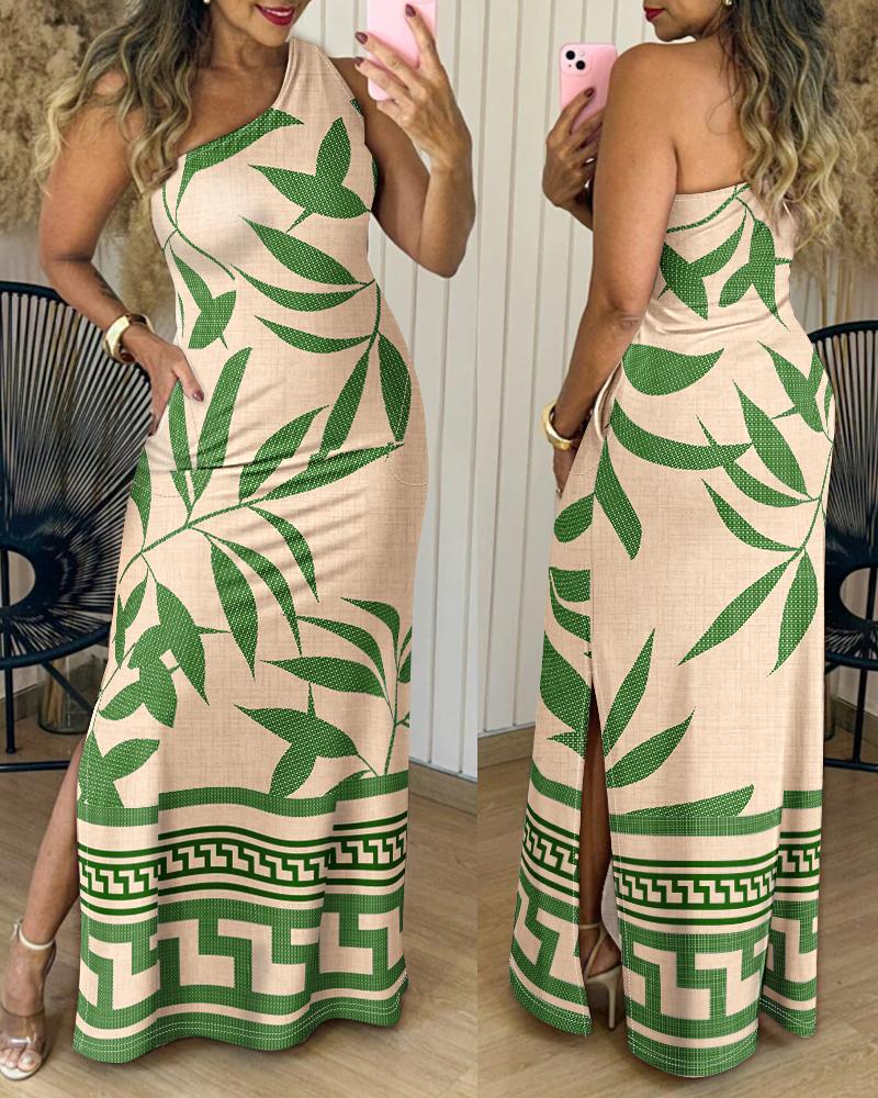 Plants and Geometric Print One Shoulder Sleeveless Vacation Dress Side Slit Slim Fit Maxi Dress With Pockets, women Maxi Dresses, ChicMe catalog