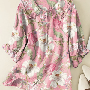 Women Floral Short Sleeve Shirt Summer Printing Shawl Collar Daily Casual Top, JustFashionNow Shirts, color:Pink|size:5XL,