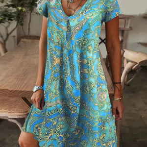 Women Floral Short Sleeve Summer Printing Dress V Neck Daily Casual Knee Length T-Shirt Dress H-Line Dress, JustFashionNow Casual Dresses, color:Cyan|size:XXL,