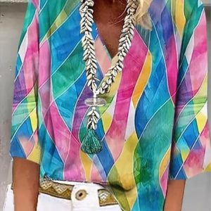 Shawl Collar Half Sleeve Color Block Regular Loose Blouse For Women, Blouses, color:4XL|size:Aqua blue, catalog Noracora shop