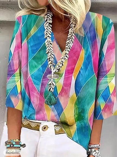 Women Color Block Half Sleeve Blouse Summer Shawl Collar Daily Casual Top, JustFashionNow Shirts, color:4XL|size:Aqua blue,