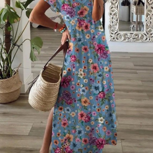 Women Floral Short Sleeve Summer Printing Dress V Neck Daily Casual Maxi T-Shirt Dress X-Line Dress, JustFashionNow Casual Dresses, color:Blue|size:3XL,