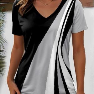 Casual Striped V Neck Short Sleeve T-shirt, T-shirts, color:As Picture|size:4XL, catalog Noracora shop