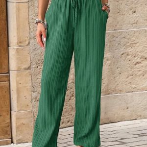 Women Plain Long Elastic Waist Pant Casual Spring/Fall Trousers, JustFashionNow Pants, color:darkgreen|size:XL,
