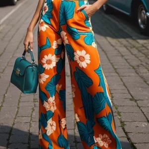 Urban Floral Printing Straight Pants, Pants, color:Orange|size:XXL, Stylewe