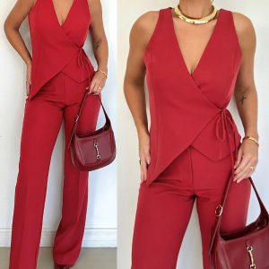 2 Pieces Outfit Overlap Deep V Neck Sleeveless Tied Detail Wrap Front Asymmetrical Hem Vest and Casual High Waist Zipper Fly Elastic Back Waist Straight Leg Pants Set, women Two-piece Sets, ChicMe catalog