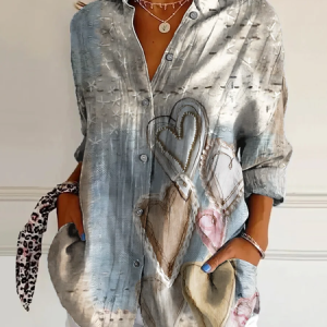 Women Heart/Cordate Long Sleeve Shirt Spring/Fall Buckle Shirt Collar Daily Casual Top, JustFashionNow Shirts, color:Gray|size:XXL,