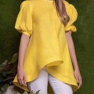 Cotton And Linen Casual Plain Crew Neck Puff Sleeve Blouse, Blouses and Shirts, color:Yellow|size:XXL, Stylewe