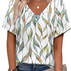 Casual Geometric V Neck Short Sleeve T-shirt, T-shirts, color:White|size:4XL, catalog Noracora shop