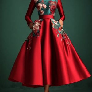 Elegant Floral Printing Party Dress With Pockets, Midi Dresses, color:Red|size:XXL, Stylewe