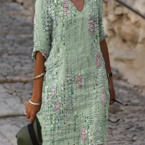Women Striped Half Sleeve Summer Printing Dress V Neck Daily Casual Mini Shift Dress H-Line Dress, JustFashionNow Casual Dresses, color:Green|size:3XL,