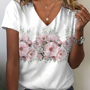 Women Floral Short Sleeve Tee T-shirt V Neck Printing Casual Summer Graphic Tee Top, JustFashionNow T-Shirts, color:White|size:XXL,