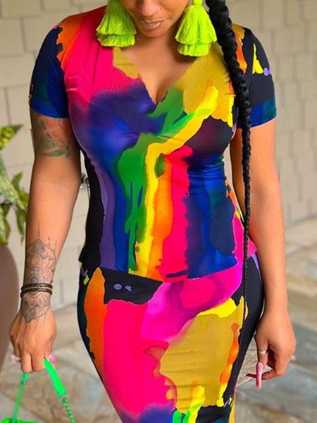 Casual Random Print Printing V Neck T-shirt, Tees, color:As Picture|size:XXL, Stylewe
