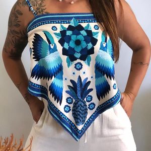 Tropical Print Spaghetti Strap Bandeau Tied Detail Tank Casual Backless Vacation Reversible Top, women Tanks & Crop Tops, ChicMe catalog