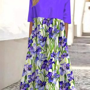Women Floral Crew Neck Short Sleeve Comfy Casual Maxi Dress, Maxi, color:Purple|size:4XL, catalog Noracora shop