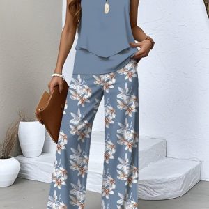 Women Floral Crew Neck Sleeveless Comfy Casual Top With Pants Two-Piece Set, Sets, color:Blue|size:XXL, catalog Noracora shop