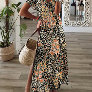 Women Floral Short Sleeve Summer Printing Dress V Neck Daily Casual Maxi X-Line Dress, JustFashionNow Casual Dresses, color:Brown|size:3XL,