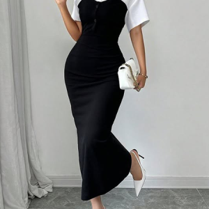 Elegant Color Block Split Joint Shirt Collar Maxi Dress, Maxi Dresses, color:Black|size:XXL, Stylewe