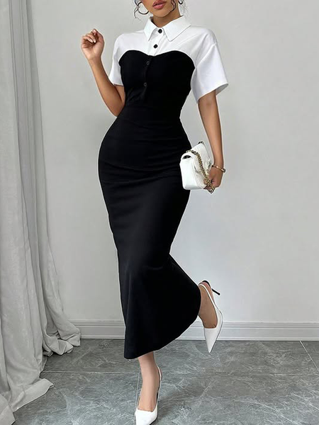 Elegant Color Block Split Joint Shirt Collar Maxi Dress, Maxi Dresses, color:Black|size:XXL, Stylewe