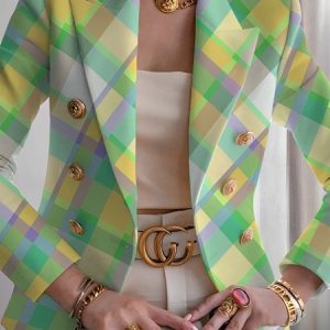 Urban Printing Plaid Lapel Collar Blazer, Blazers, color:Green|size:XXL, Stylewe