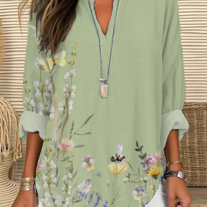 Women Floral Long Sleeve Blouse Spring/Fall Printing V Neck Daily Casual Top, JustFashionNow Shirts, color:Green|size:5XL,