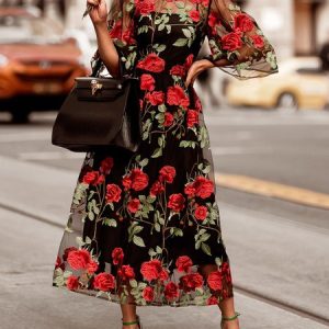 Elegant Floral Embroidery Crew Neck Midi Party Dress, Maxi Dresses, color:Red|size:XXL, Stylewe