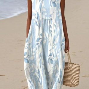 Women Leaf Crew Neck Sleeveless Comfy Casual Maxi Dress, Dresses, color:Blue|size:4XL, catalog Noracora shop
