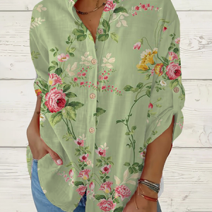 Women Floral Long Sleeve Shirt Spring/Fall Printing Stand Collar Daily Casual Top, JustFashionNow Shirts, color:Green|size:5XL,