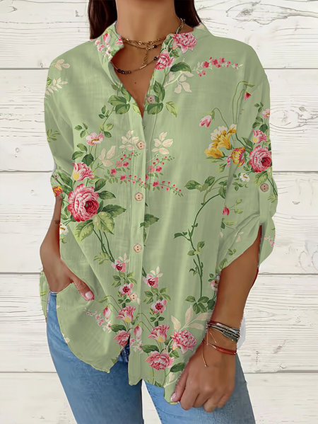 Women Floral Long Sleeve Shirt Spring/Fall Printing Stand Collar Daily Casual Top, JustFashionNow Shirts, color:Green|size:5XL,