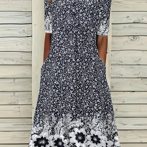Women Floral Short Sleeve Summer Printing Dress Crew Neck Daily Casual Maxi Shift Dress H-Line Dress, JustFashionNow Casual Dresses, color:Black|size:4XL,