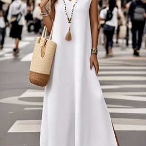 Women Plain V Neck Sleeveless Comfy Casual Maxi Dress, Maxi, color:White|size:4XL, catalog Noracora shop