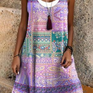Women Vacation Paisley Print Crew Neck Sleeveless Comfy Casual Midi Dress, Dresses, color:As Picture|size:3XL, catalog Noracora shop