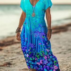 Women Floral Short Sleeve Summer Printing Dress V Neck Daily Casual Maxi X-Line Dress, JustFashionNow Casual Dresses, color:Cyan|size:3XL,