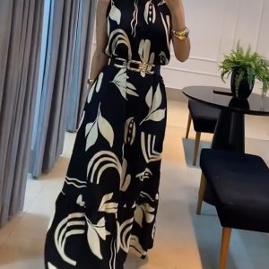 Plants Print Ruched Neck Sleeveless Hollow-out Back Tied Detail Maxi Dress Casual Ruffle Hem Vacation Dress without Belt, women Maxi Dresses, ChicMe catalog