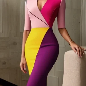 Urban Color Block Printing Knee Length Dress, Midi Dresses, color:As Picture|size:XXL, Stylewe